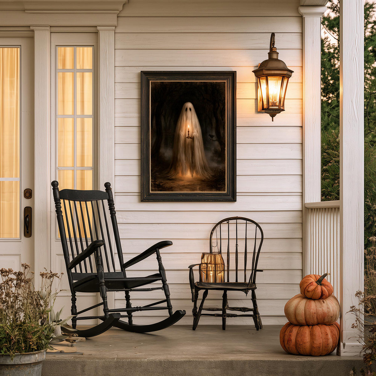 Covered porch with stacked pumpkins, a rocking chair, and the ghost candle print
