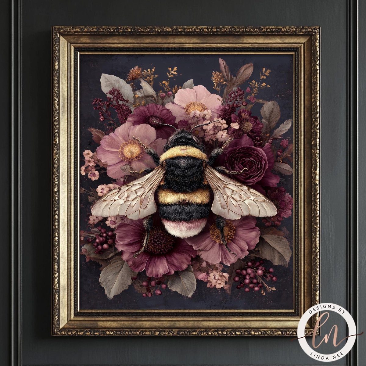 A framed print depicting a detailed illustration of a bee surrounded by a vibrant floral arrangement.