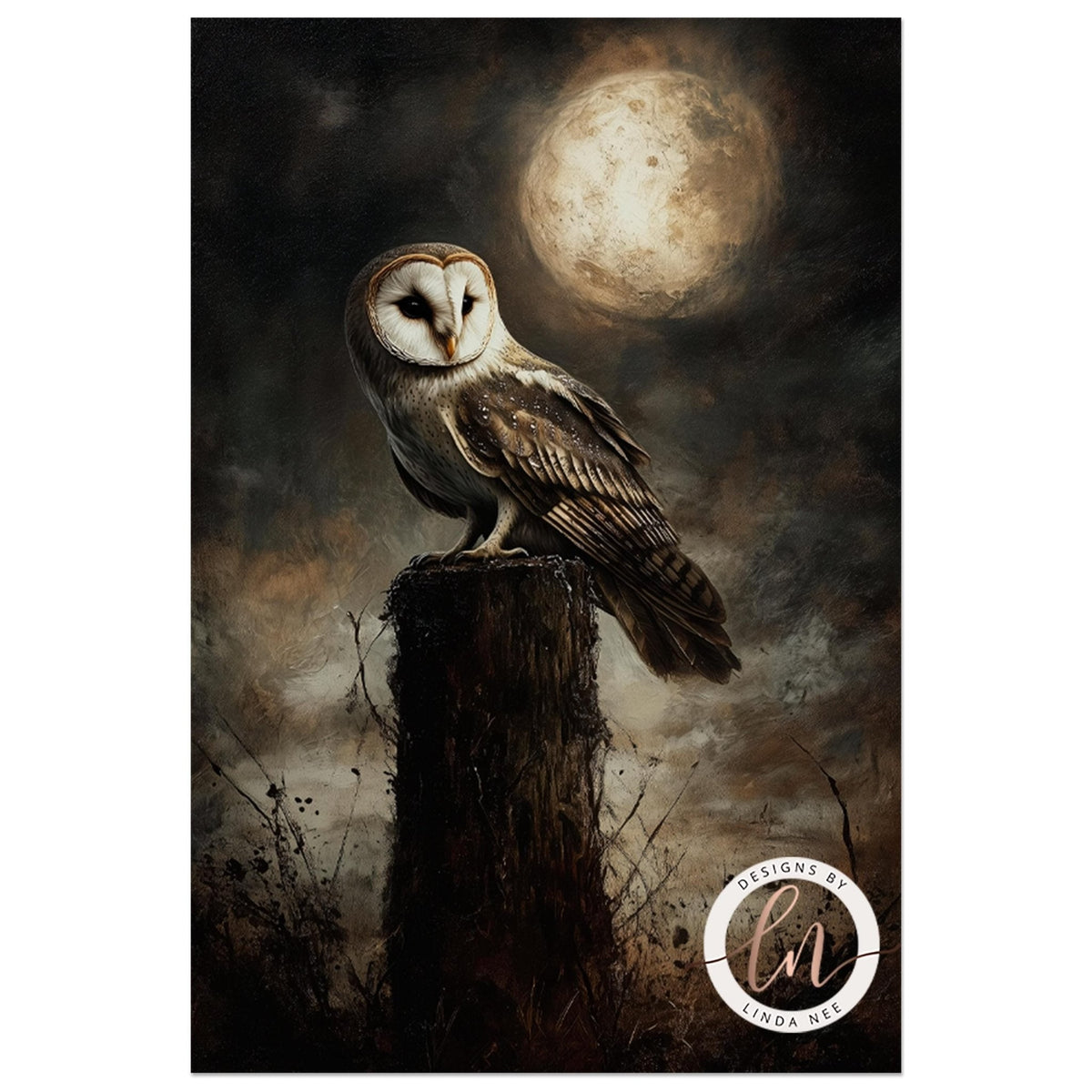 Owl perched under a full moon against a dark moody sky