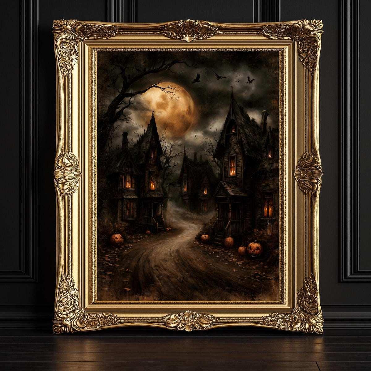 Spooky Halloween village with cobblestone streets and warm lamplit windows