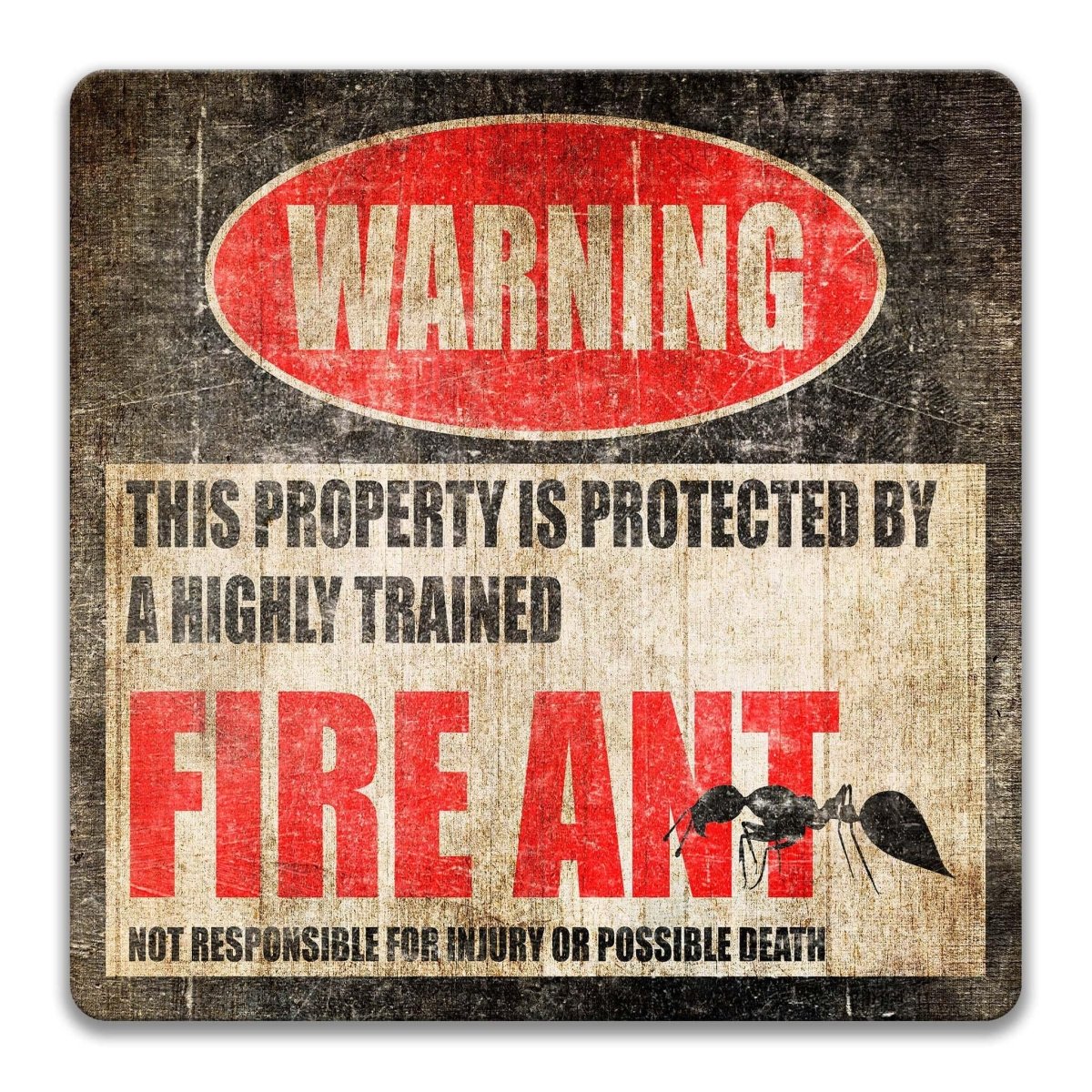 Fire ant warning metal sign, glossy black, red WARNING oval and fire ant silhouette