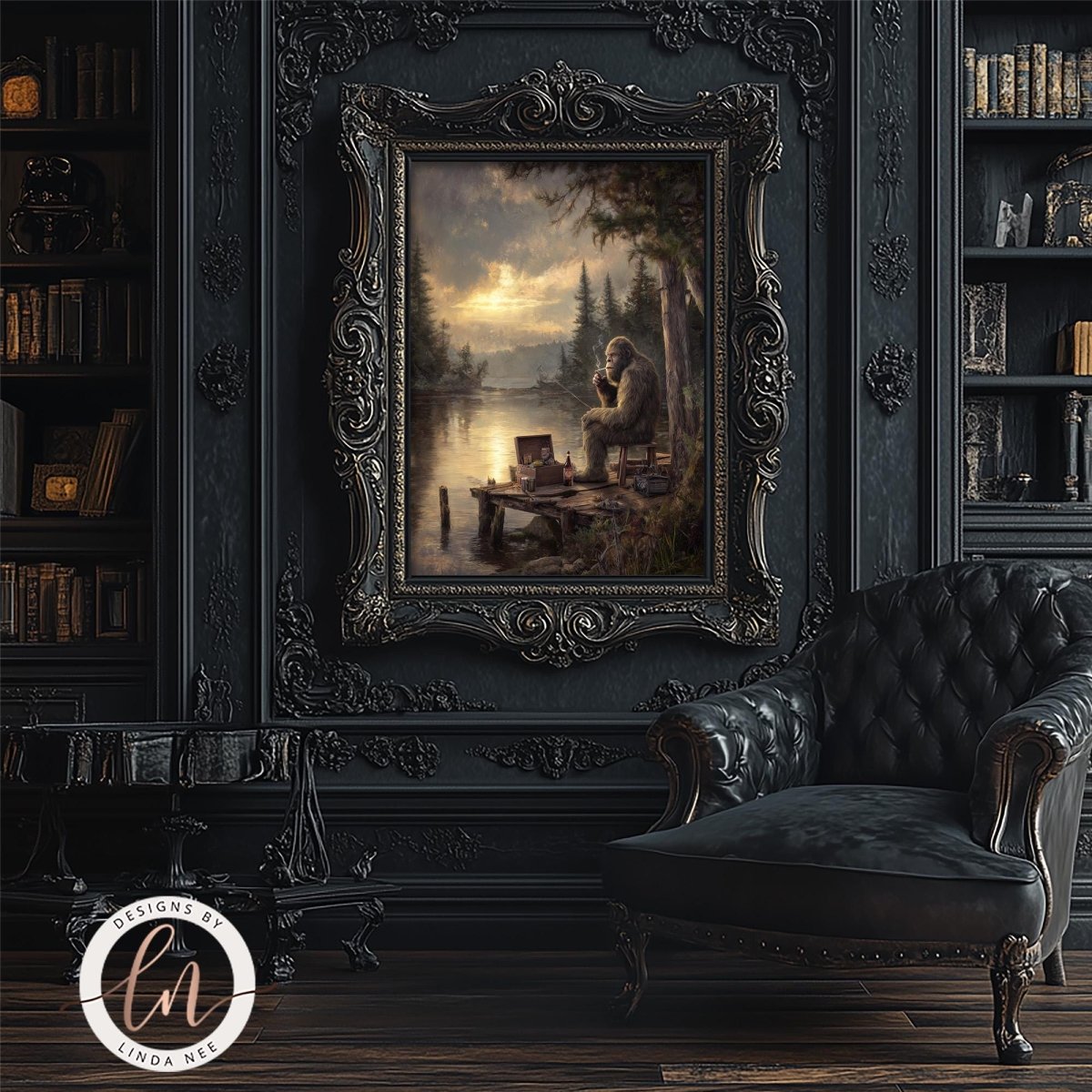 a dark, ornate room with a large painting of a person sitting by a lake, surrounded by trees. The painting is framed in an elaborate, gilded frame and is displayed on the wall. In the foreground, there is a black leather armchair, and a bookshelf filled with books can be seen in the background.