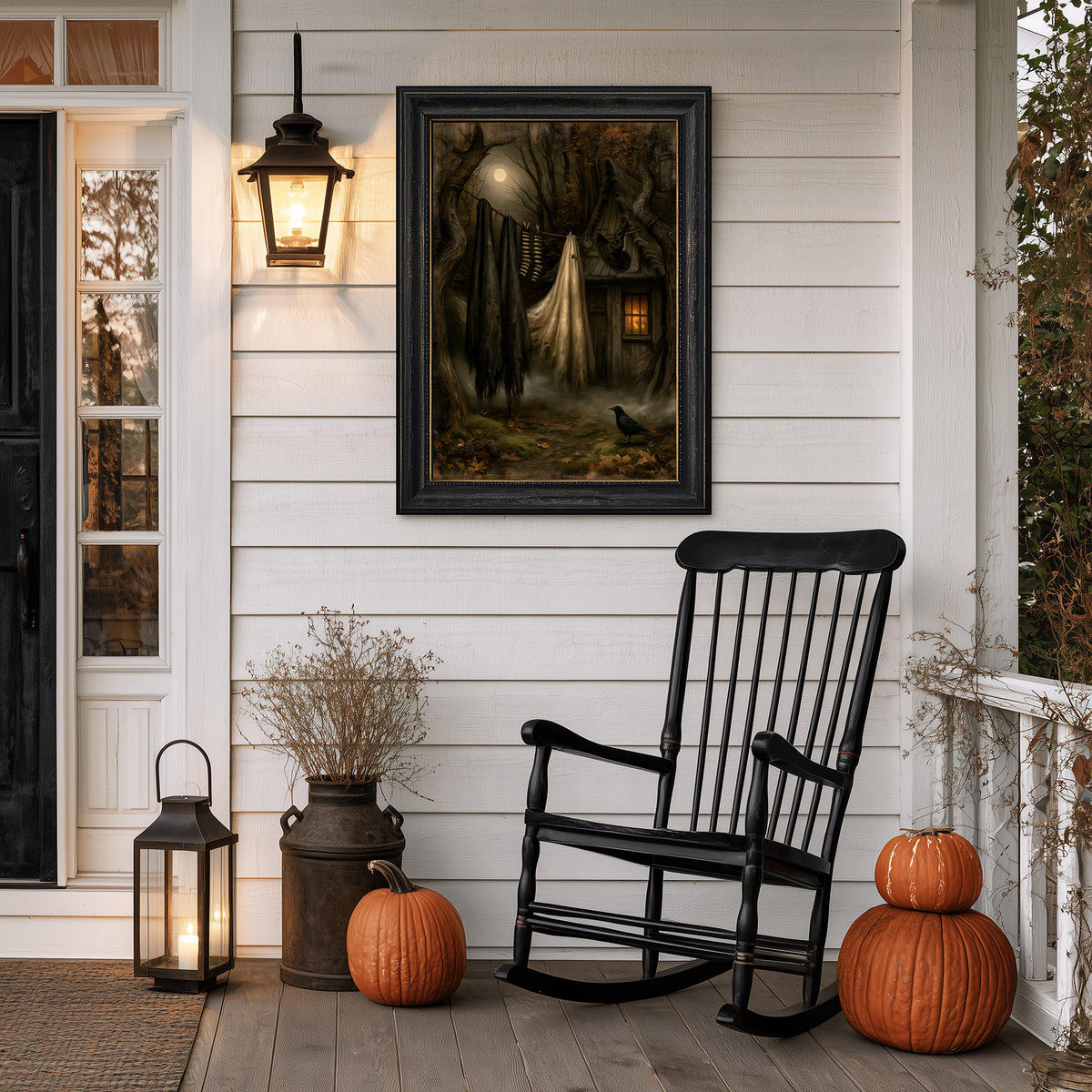 Porch with a black rocking chair, two pumpkins, a lantern, and the witch cottage print