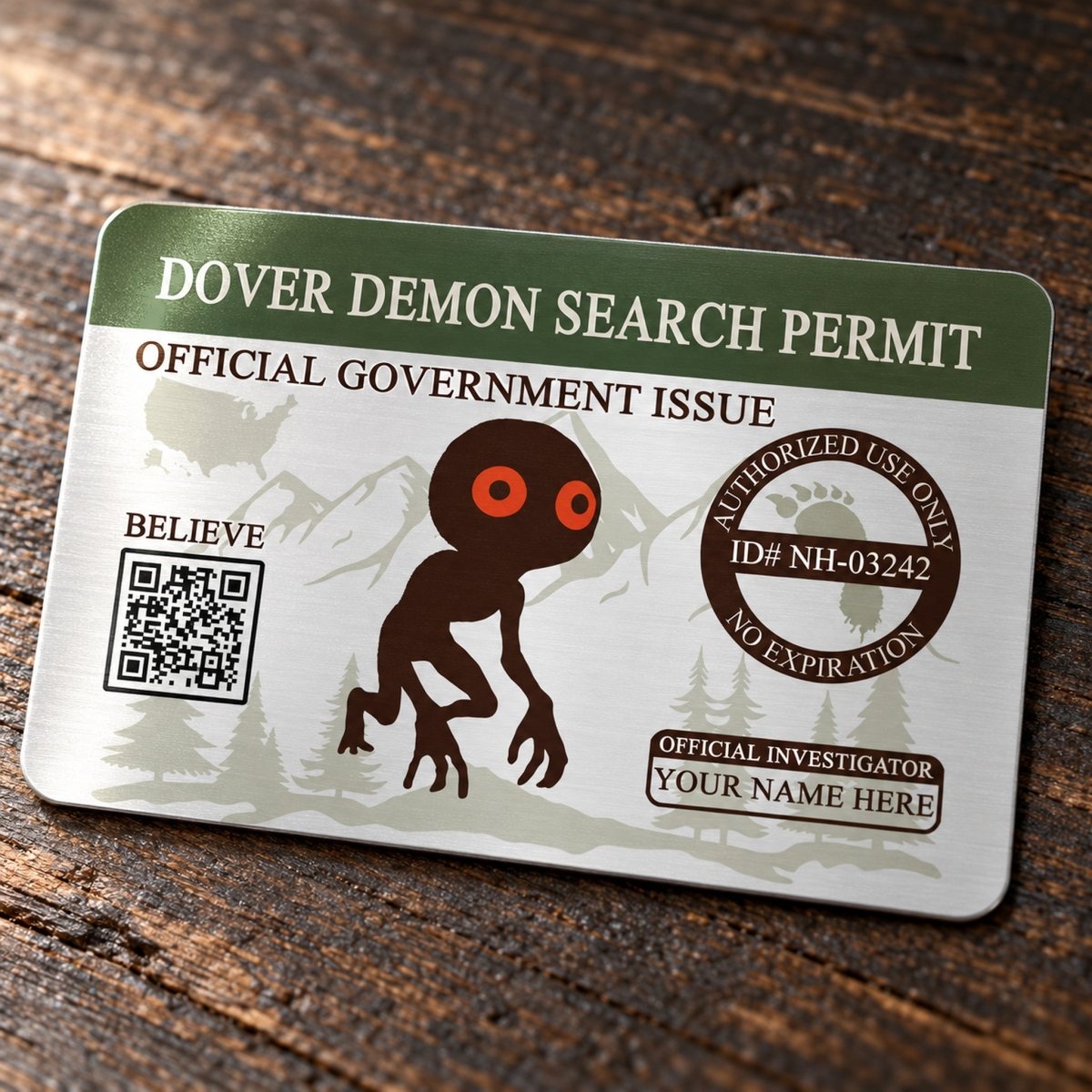 The image is a search permit for a Dover Demon, which is an official government issue. The permit is designed to be used by an authorized user and includes a QR code and a barcode for scanning.