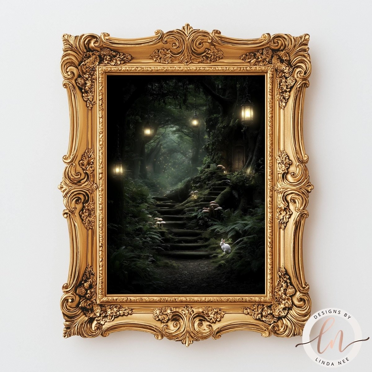 The image is a framed painting depicting a lush, green forest with a winding path leading up to a set of stairs.