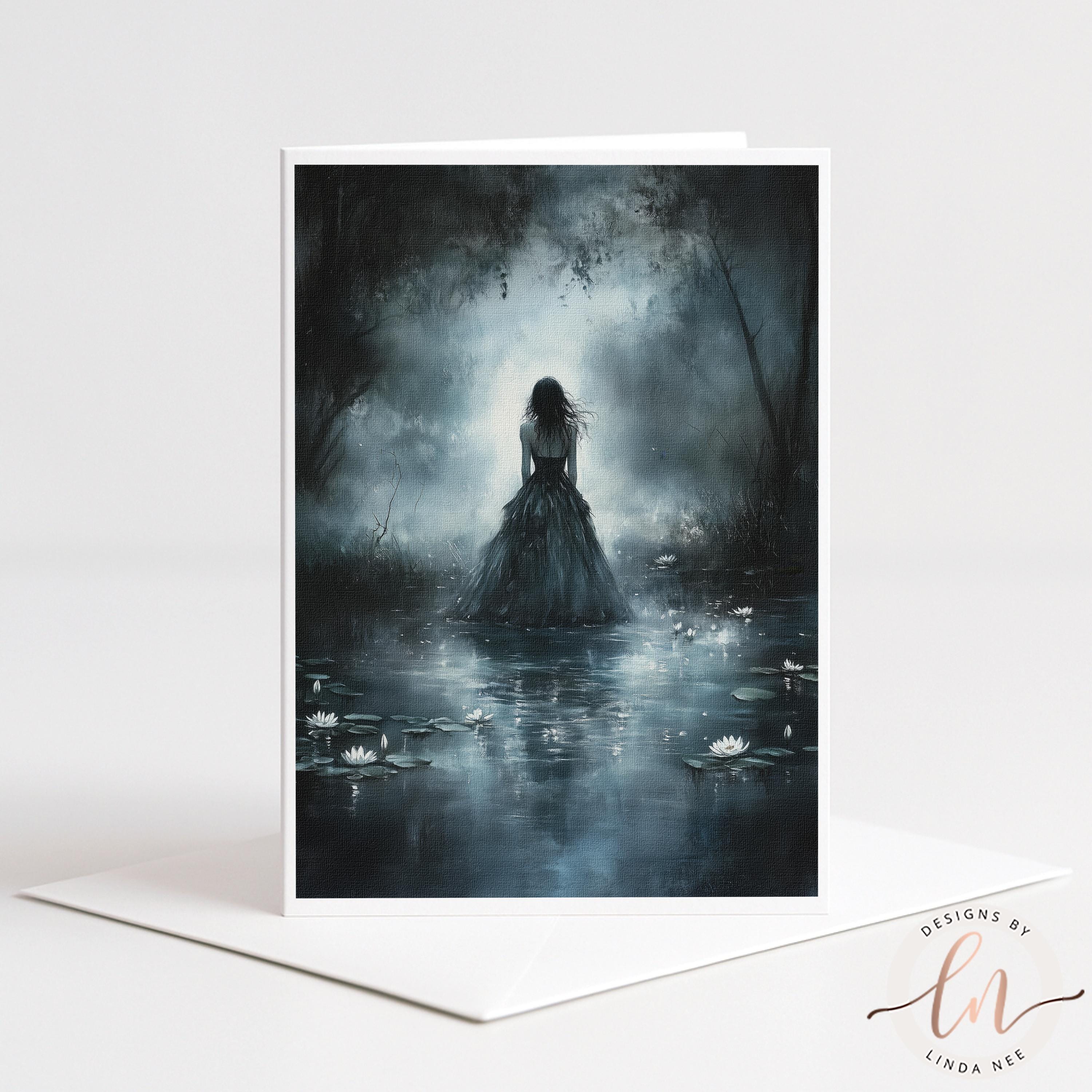 A woman in a flowing dress stands in a misty, ethereal forest, surrounded by floating lily pads and a serene, otherworldly atmosphere.