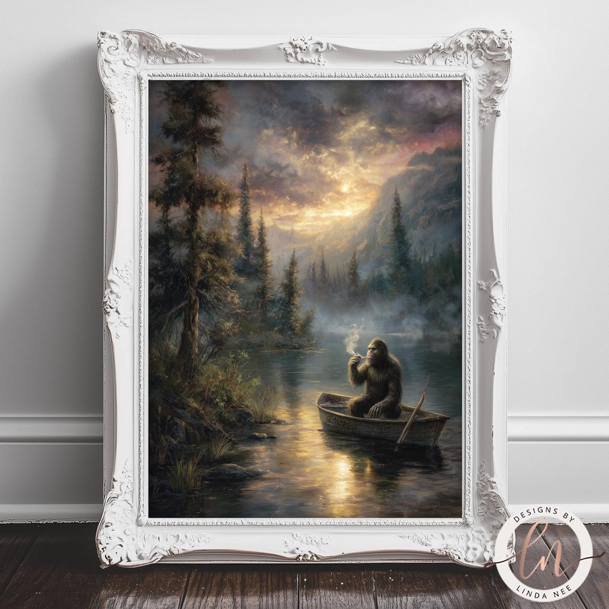 A painting of a Bigfoot sitting in a boat on a lake, surrounded by trees and mountains, with a dramatic sky in the background.