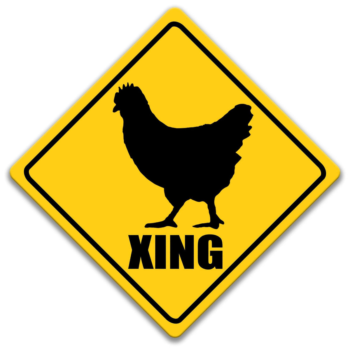 A yellow diamond-shaped sign with a black silhouette of a chicken and the word "XING" below it.