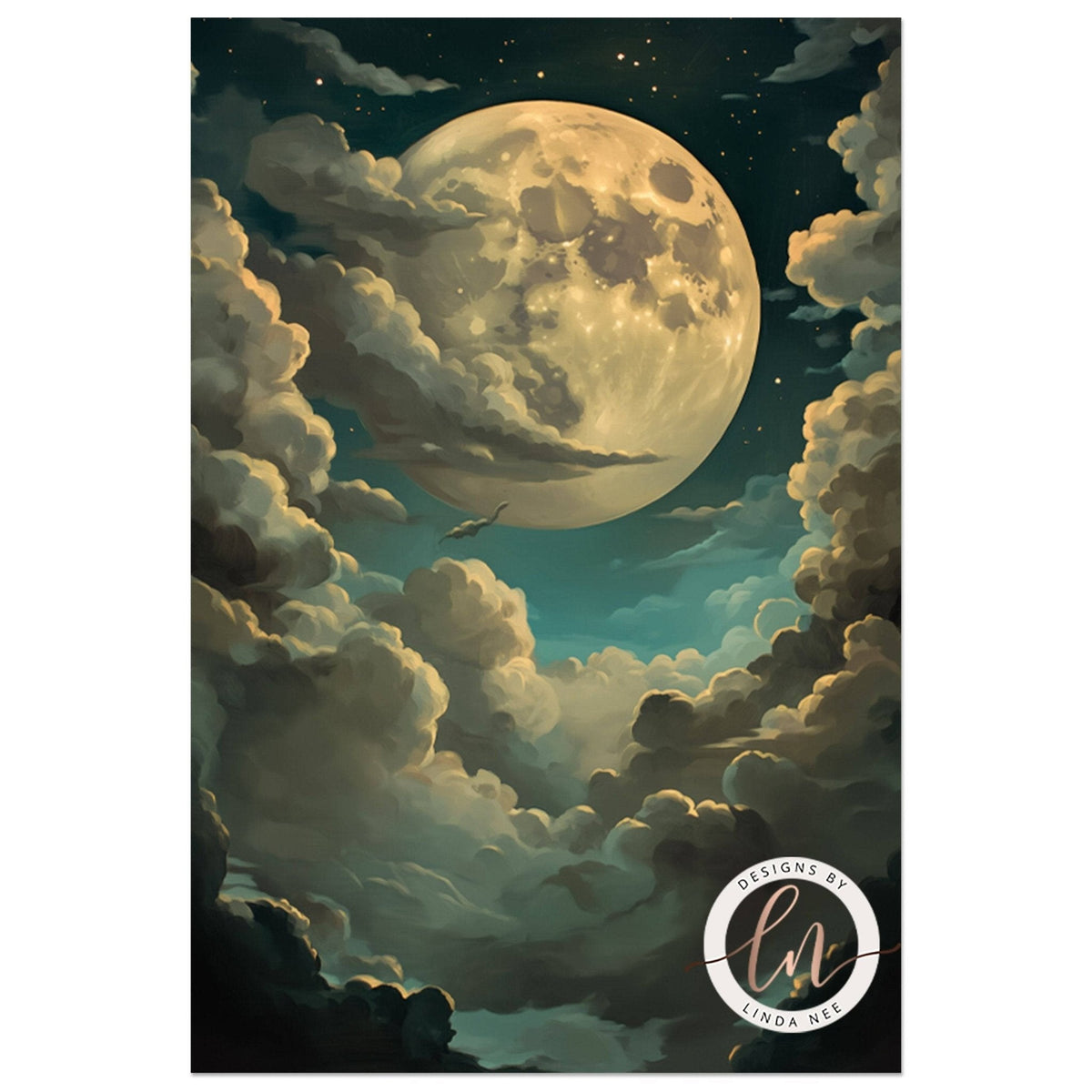 Full moon with a bat in sage green and cream toned clouds