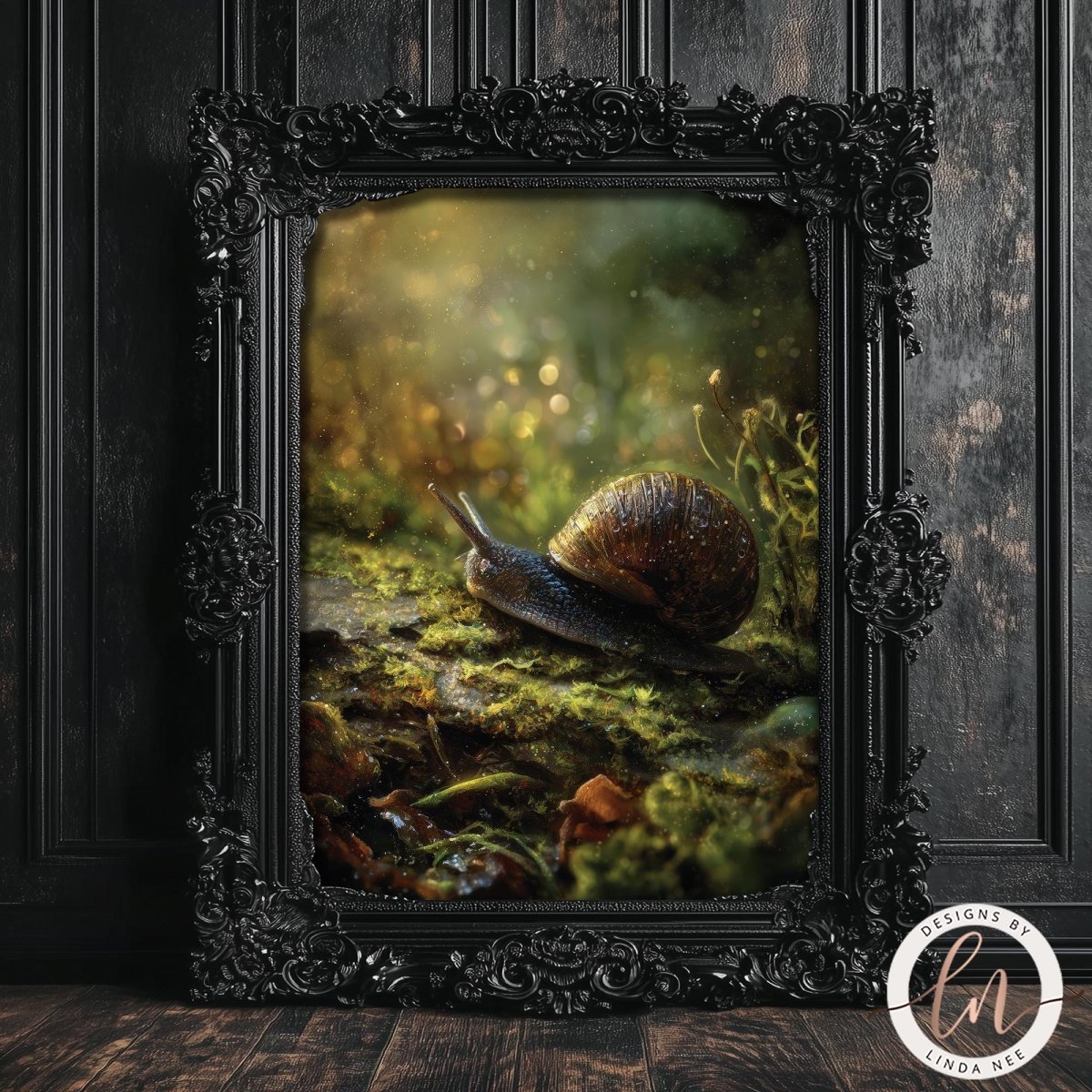 A snail with a brown shell is resting on a mossy rock in a lush, green forest setting, framed in an ornate black frame.