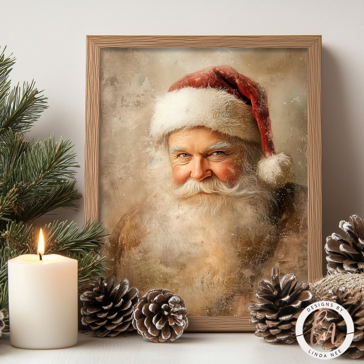 Santa portrait art print styled with a pine cone and lit candle