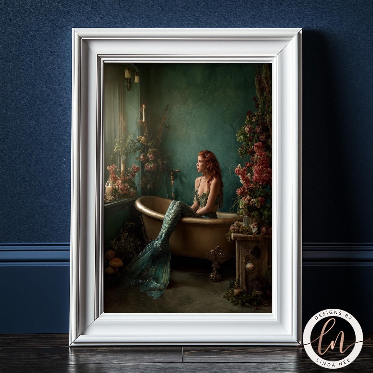 A woman with red hair is sitting in a bathtub, surrounded by flowers and plants, in a painting framed in white.