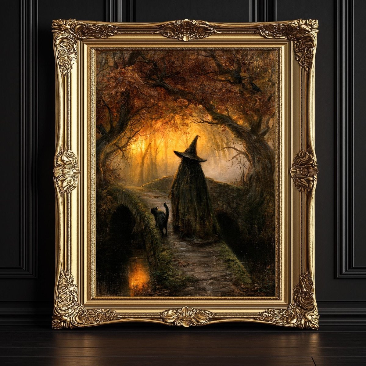 Witch and black cat art print shown framed above a moody dark backdrop