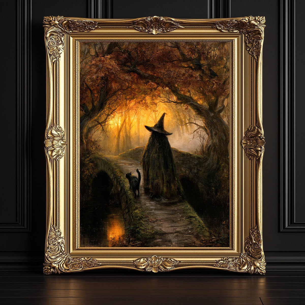 Witch and black cat art print shown framed above a moody dark backdrop