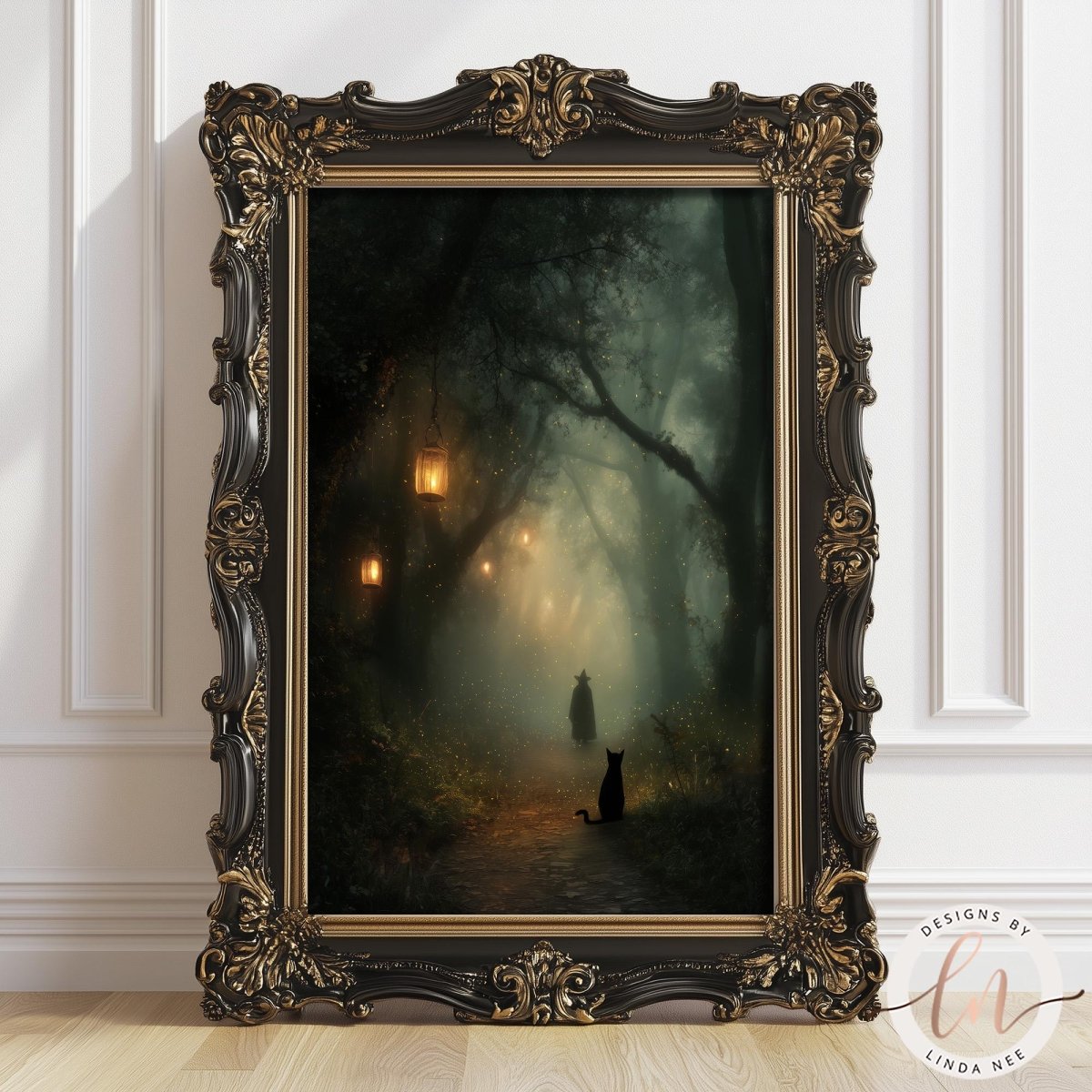 The image is a painting of a forest scene with a black cat sitting on a path, surrounded by trees and lanterns hanging from the branches.