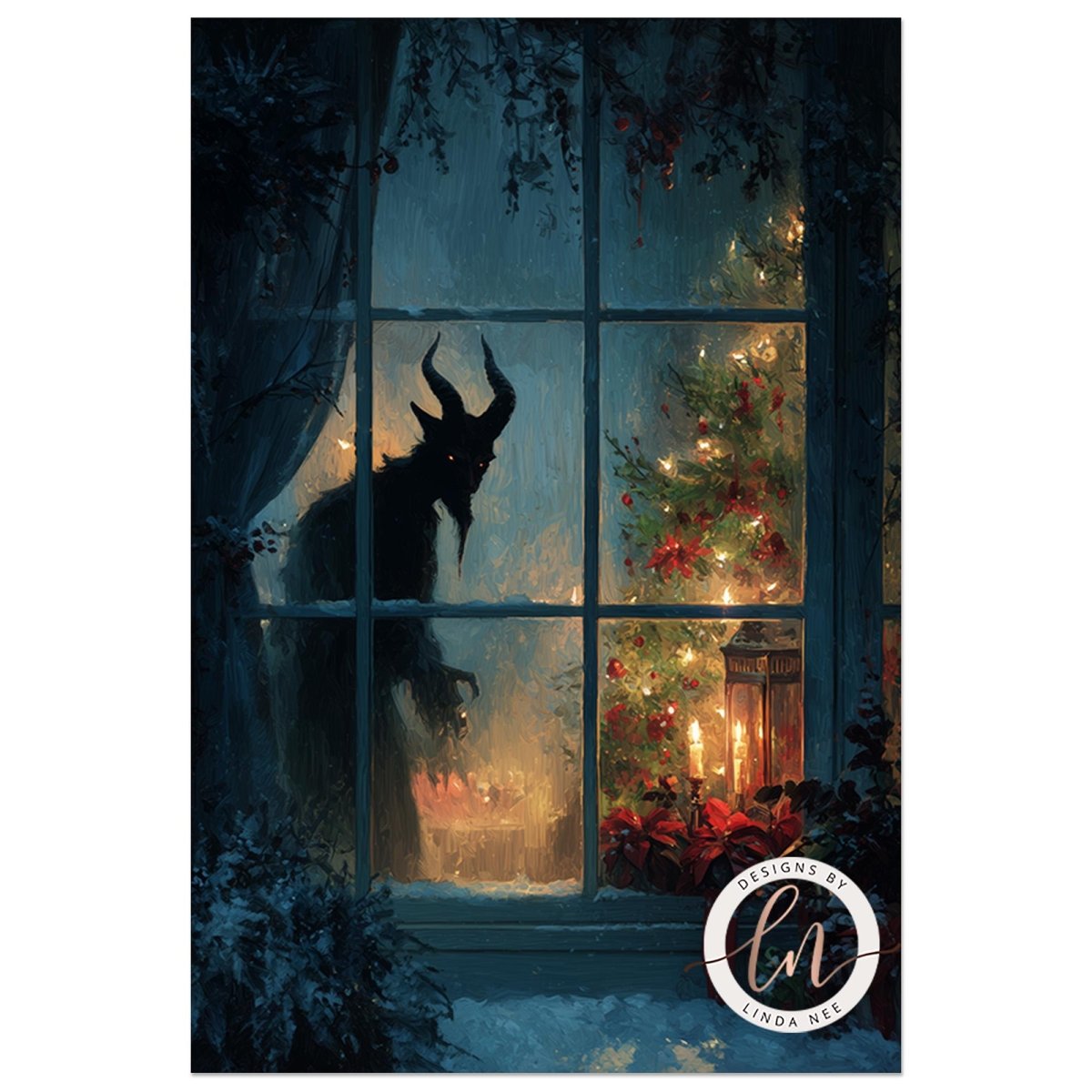 Horned Krampus silhouette outside a window glowing with Christmas tree lights and candles