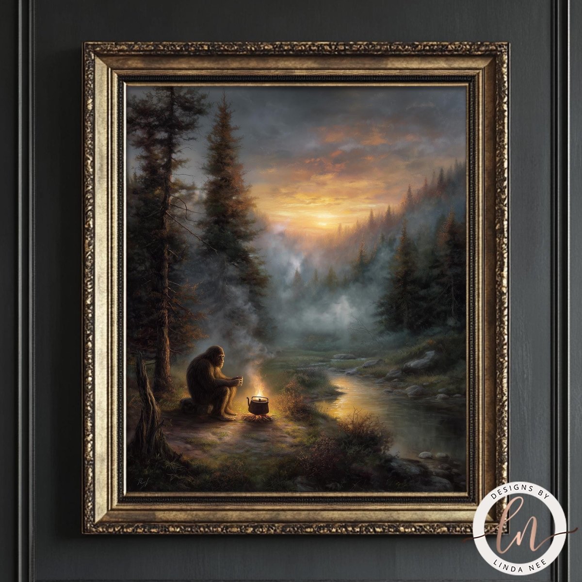 Fine art by Linda Nee featuring Bigfoot seated beside a glowing campfire in a misty evergreen forest at sunset, drinking coffee near a quiet river with moody woodland atmosphere.