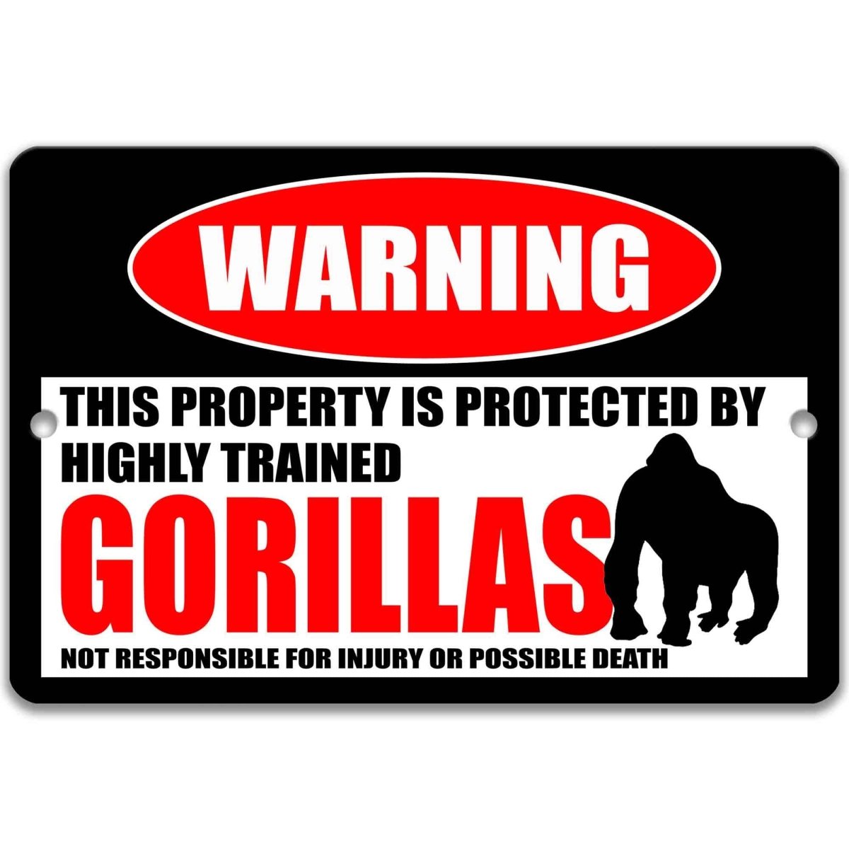 Gorilla warning metal sign, glossy black, red WARNING oval and seated gorilla silhouette