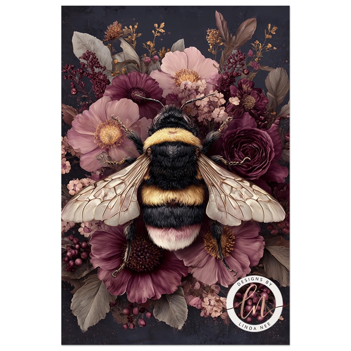A detailed illustration of a bee surrounded by a vibrant floral arrangement, including pink, purple, and white flowers.