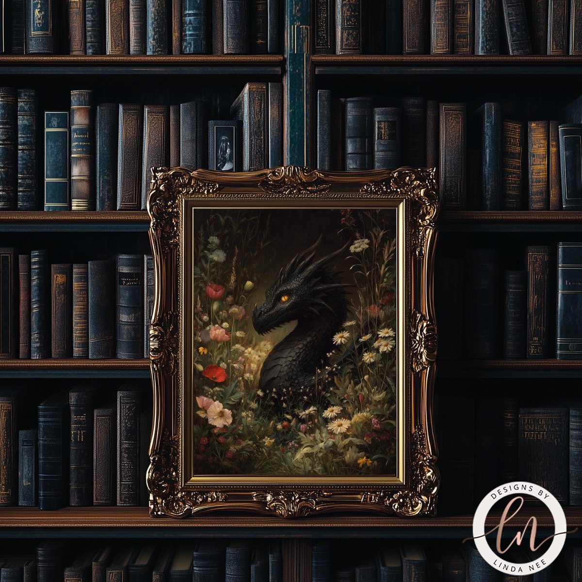 a framed painting of a black dragon surrounded by flowers, set against a backdrop of bookshelves filled with books.