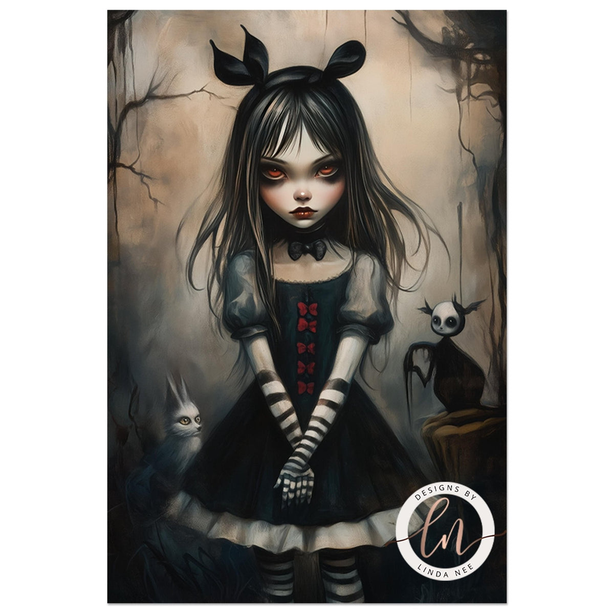 A dark, gothic-inspired illustration depicting a young girl with long dark hair, wearing a black dress with red accents, and accompanied by a cat and a small, eerie-looking creature in a dark, moody setting.