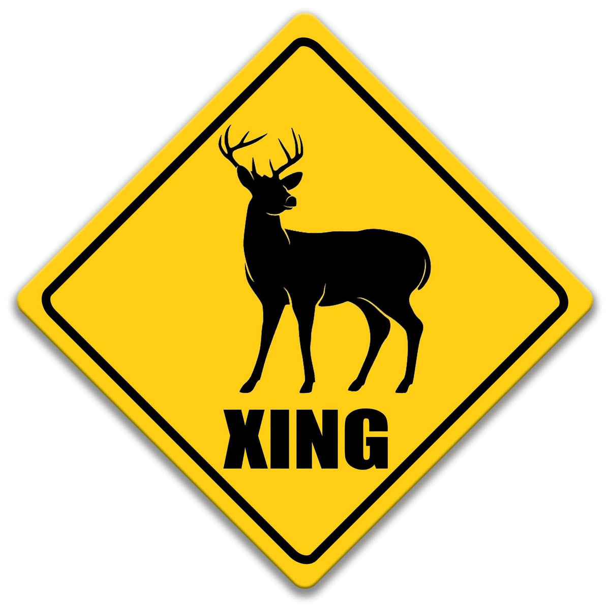 A yellow diamond-shaped road sign with a black silhouette of a deer and the word "XING" below it.