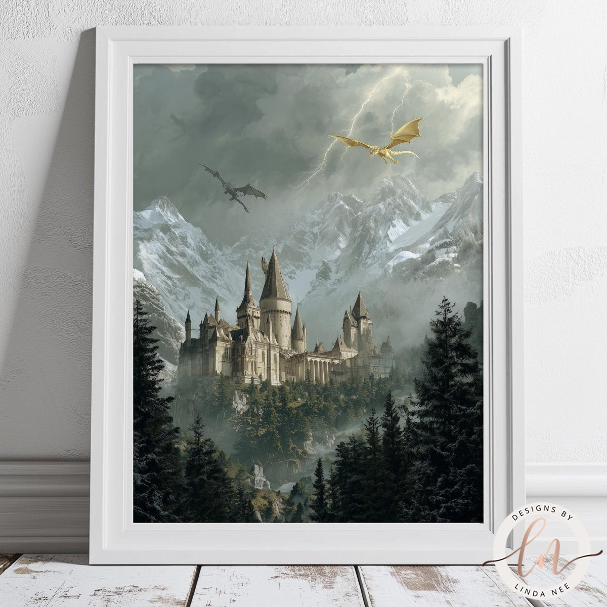 A framed illustration depicting a castle surrounded by a forest and mountains, with a dragon flying overhead.
