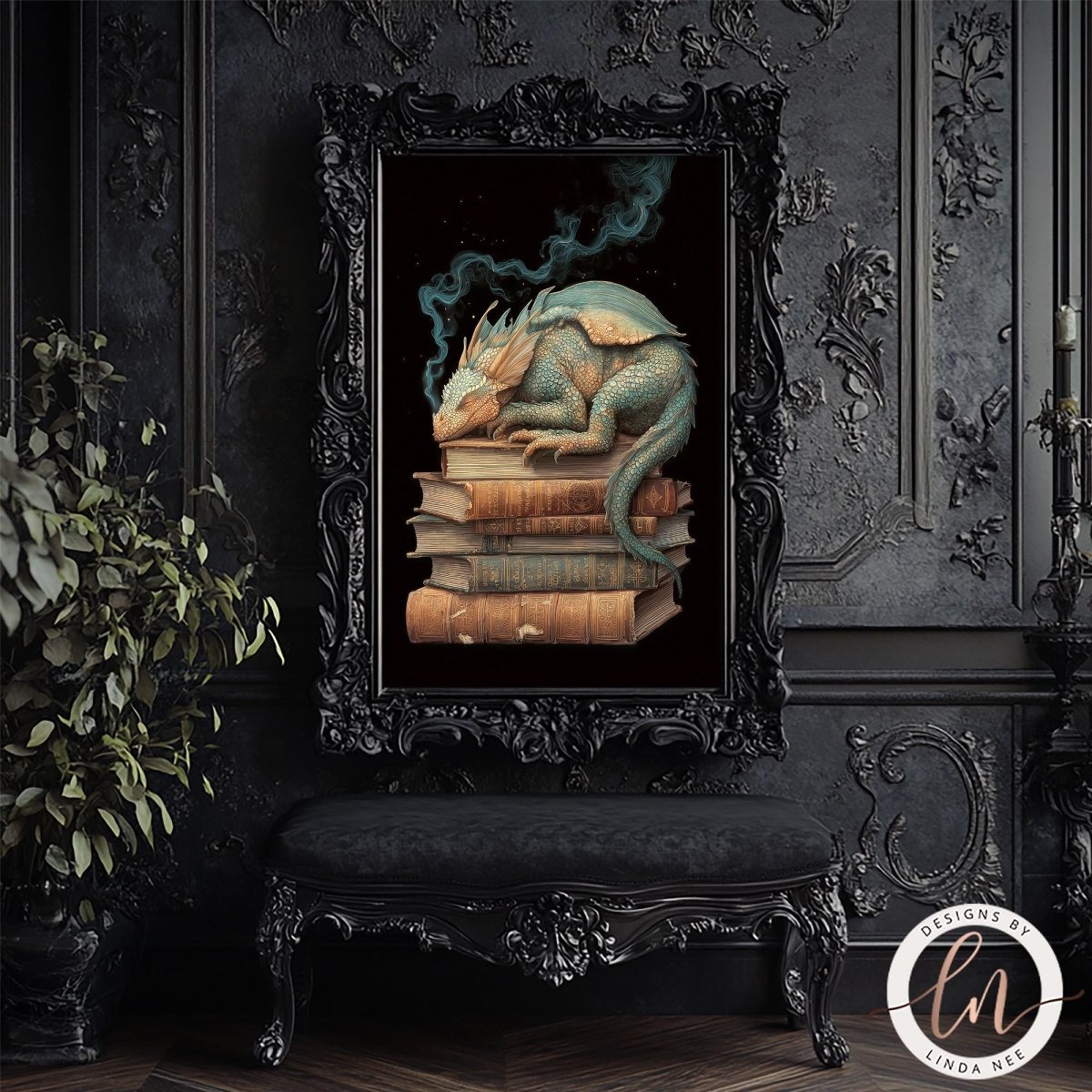 a large, ornate black frame with a painting of a dragon resting on a stack of books. The frame is set against a dark, ornate wall, and there is a black bench in front of it.
