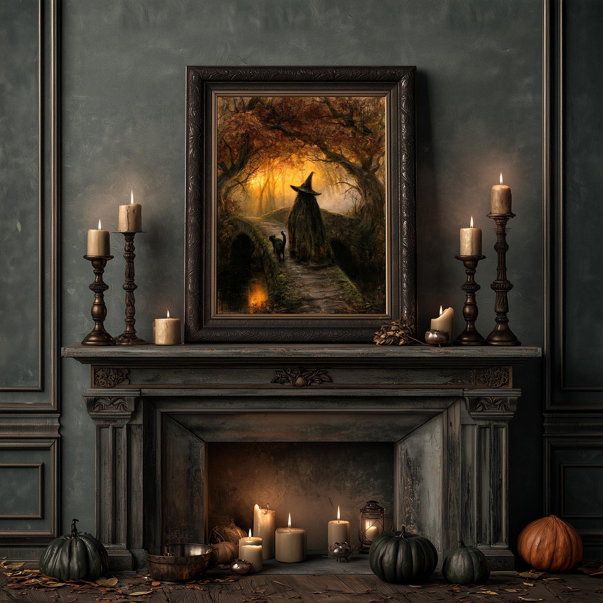 Witchcore art print on a mantel with candles and pumpkins for Halloween decorating