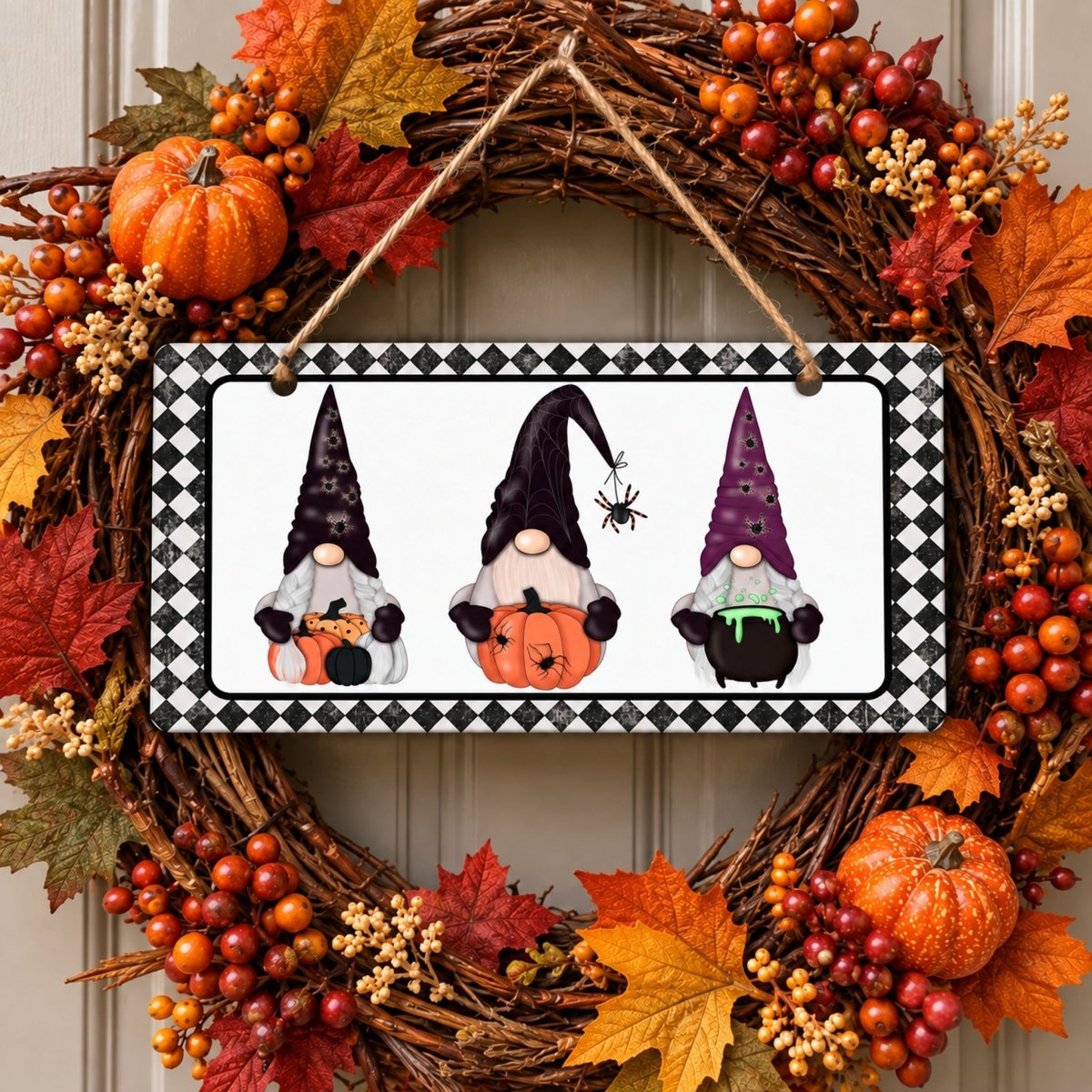 Three Halloween Gnomes sign centered in a door wreath