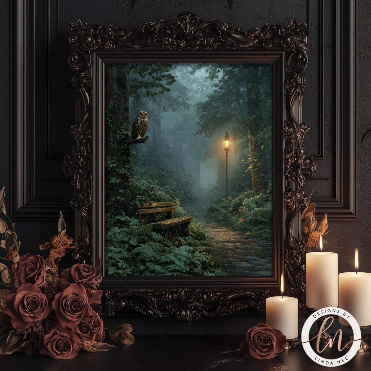 a serene forest scene with a bench, a path, and a light source in the distance. The bench is situated on a path surrounded by lush greenery, and a light source is visible in the distance. The scene is framed by an ornate, dark wooden frame, and there are candles and roses placed nearby, creating a cozy and inviting atmosphere.