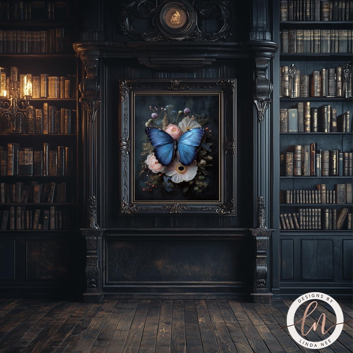 a dark, ornate room with a large bookshelf filled with books, a framed painting of a blue butterfly on a floral background, and a chandelier hanging from the ceiling.
