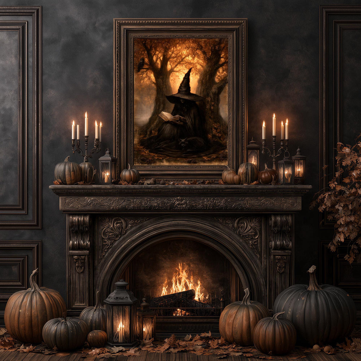 Cozy hearth with candles and pumpkins beneath the reading witch print