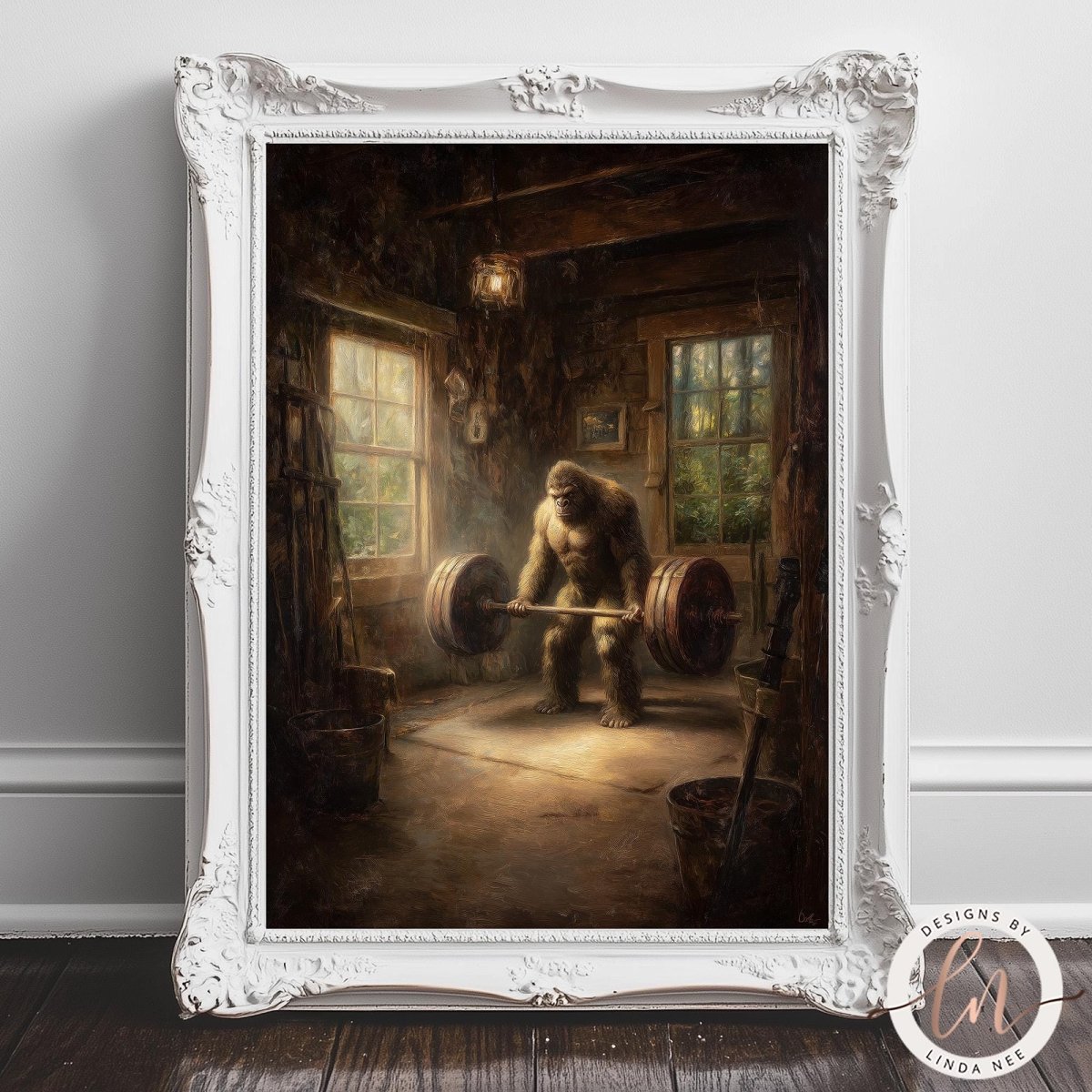 The image is a painting of a gorilla lifting a barbell in a gym setting.