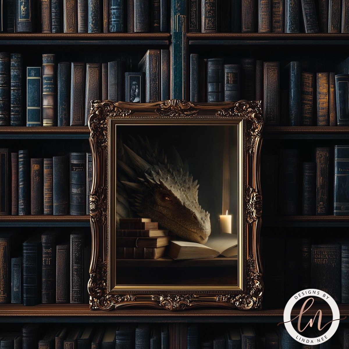 a large ornate gold frame with a painting of a dragon inside, set against a dark background with bookshelves filled with books.