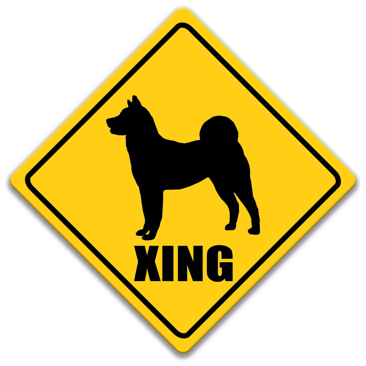 a yellow diamond-shaped sign with a black silhouette of a dog and the word "XING" written below it.
