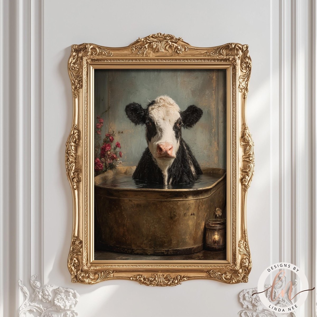 A black and white cow is sitting in a large metal tub, surrounded by flowers, in an ornate gold frame.