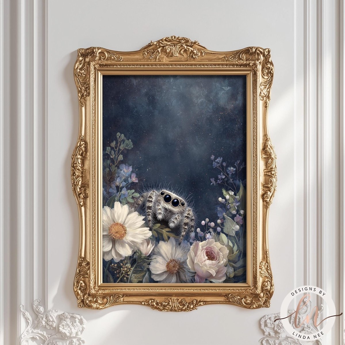 a painting of a spider sitting amidst a floral arrangement, with a dark blue background and white and pink flowers.