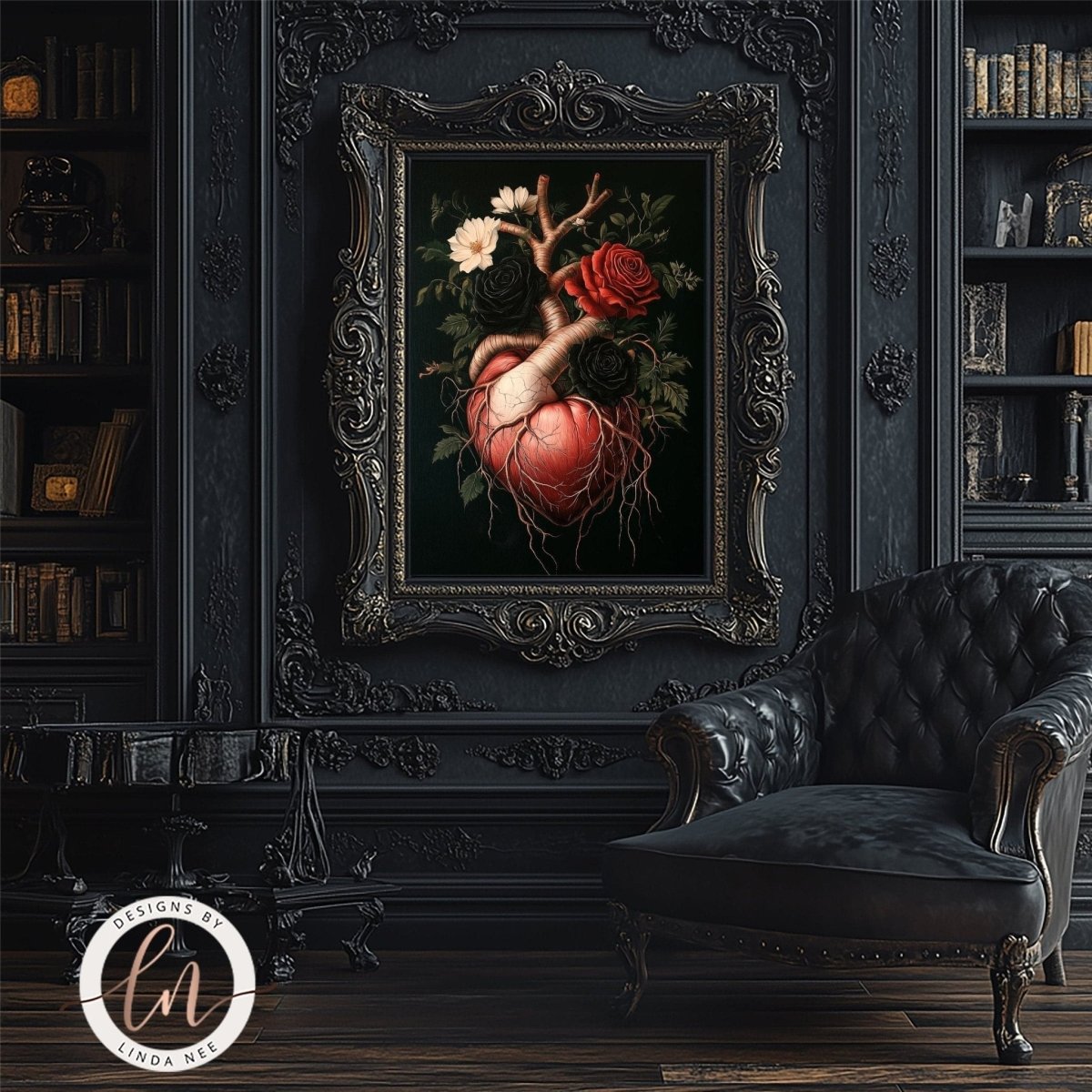 a dark, ornate room with a large, framed painting of a red heart with a rose and branches hanging from it, hanging on a wall above a black leather armchair.