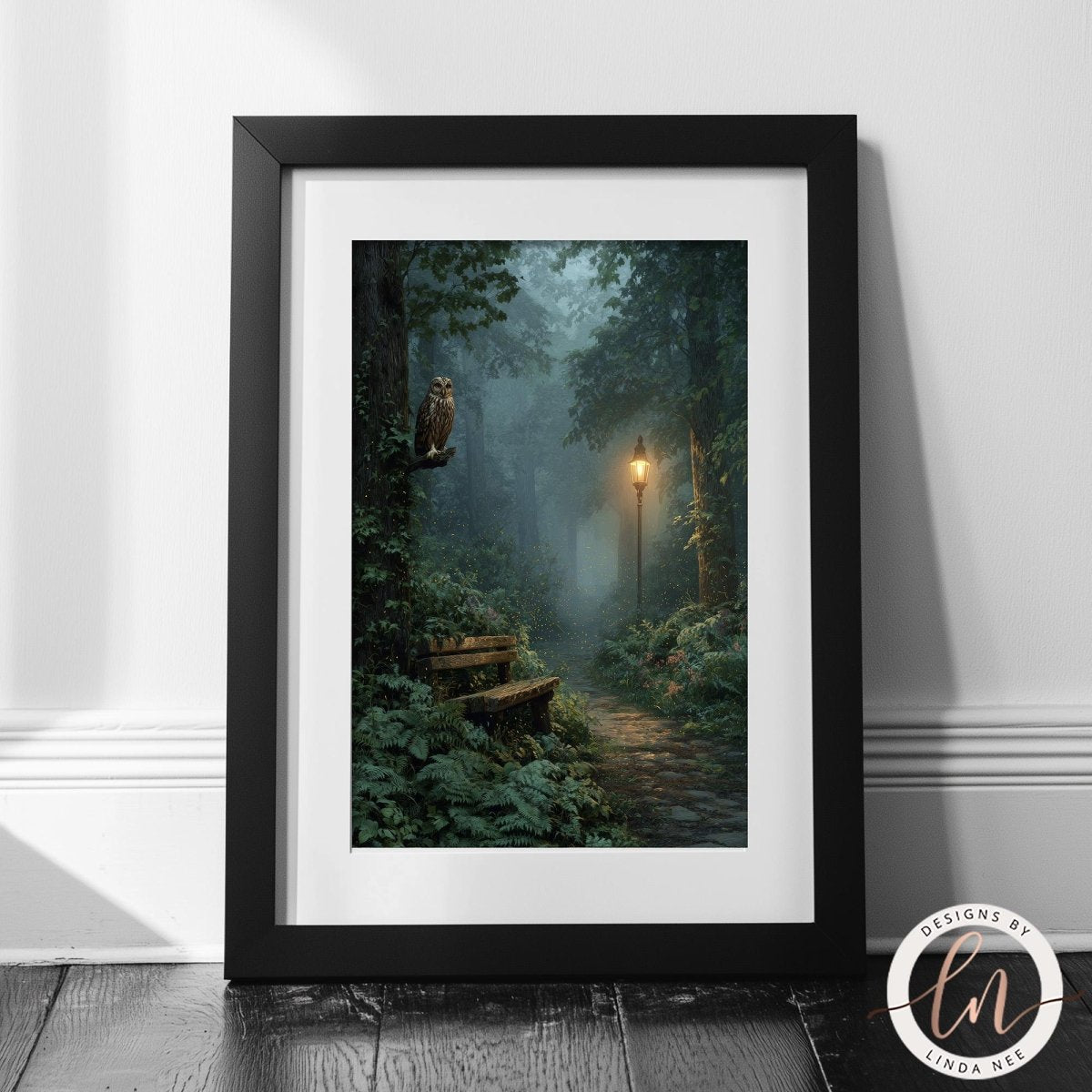 A framed painting depicting a serene forest scene with a path leading through the lush greenery and a solitary owl perched on a tree branch.