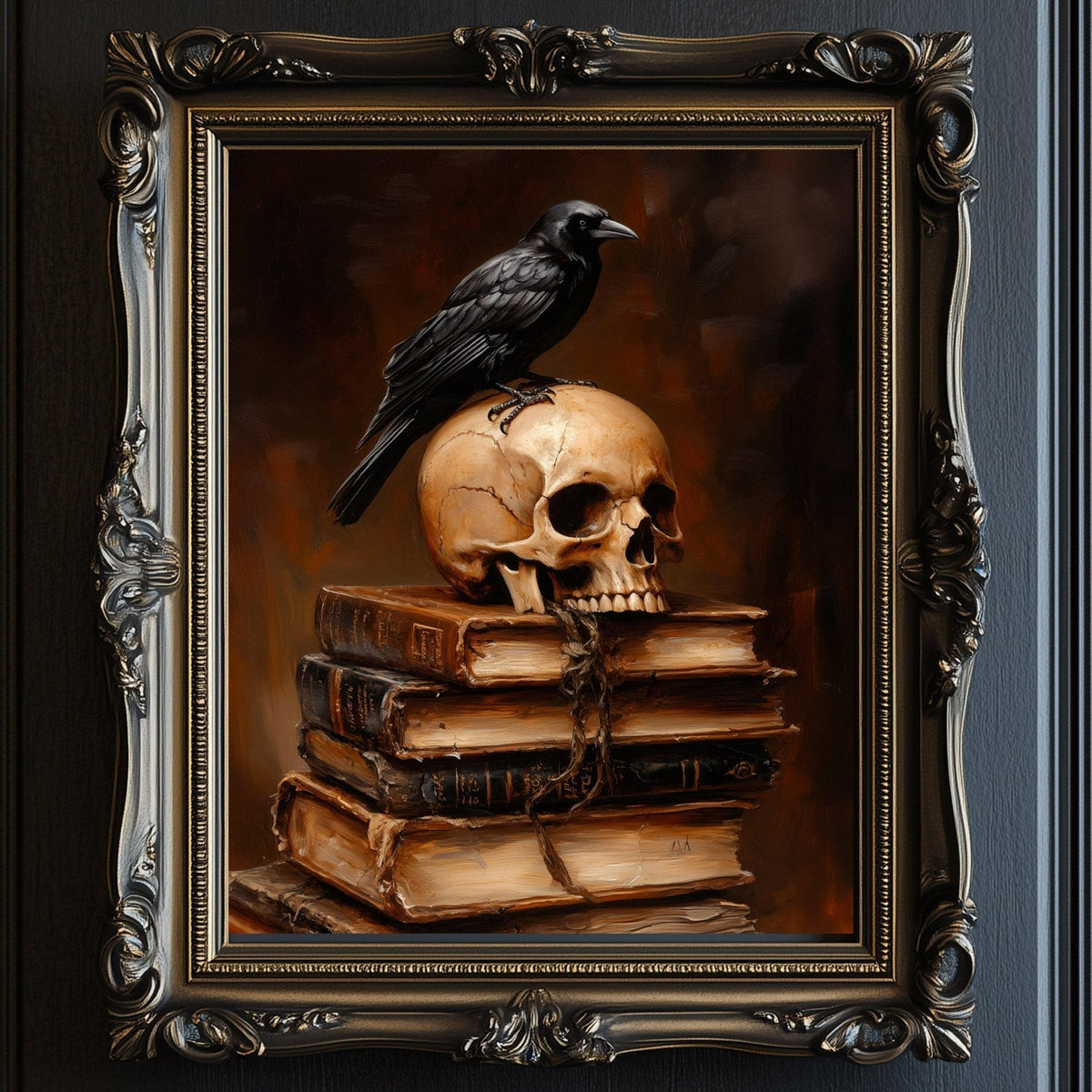 A black crow perches atop a skull, which is perched on a stack of books. The image is framed and set against a dark background.