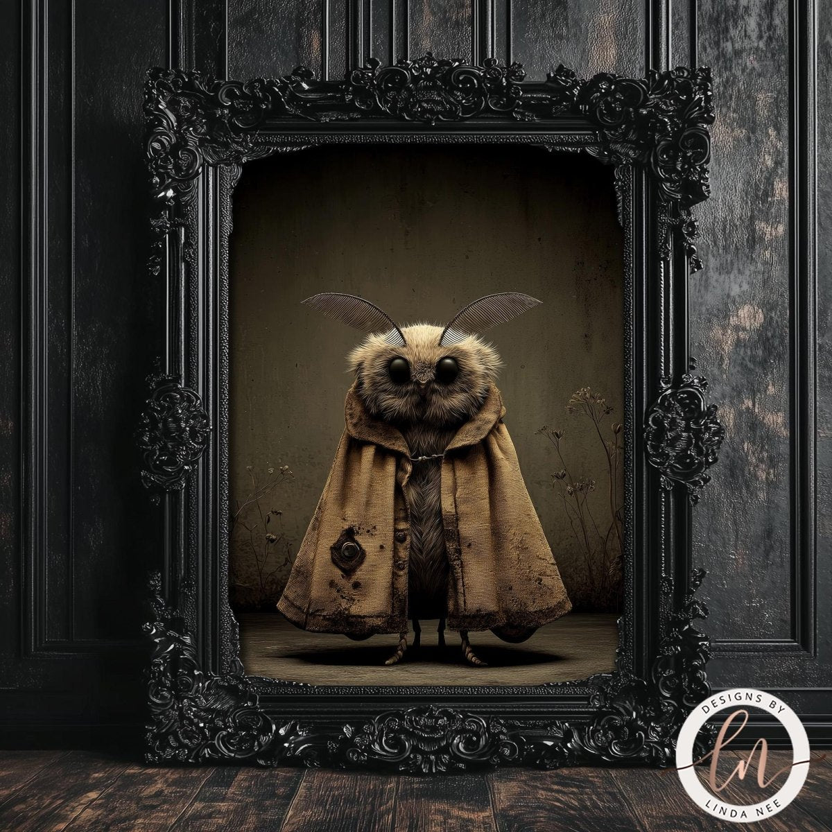 A framed image of a moth with a flowing robe, standing in a dark, moody setting.