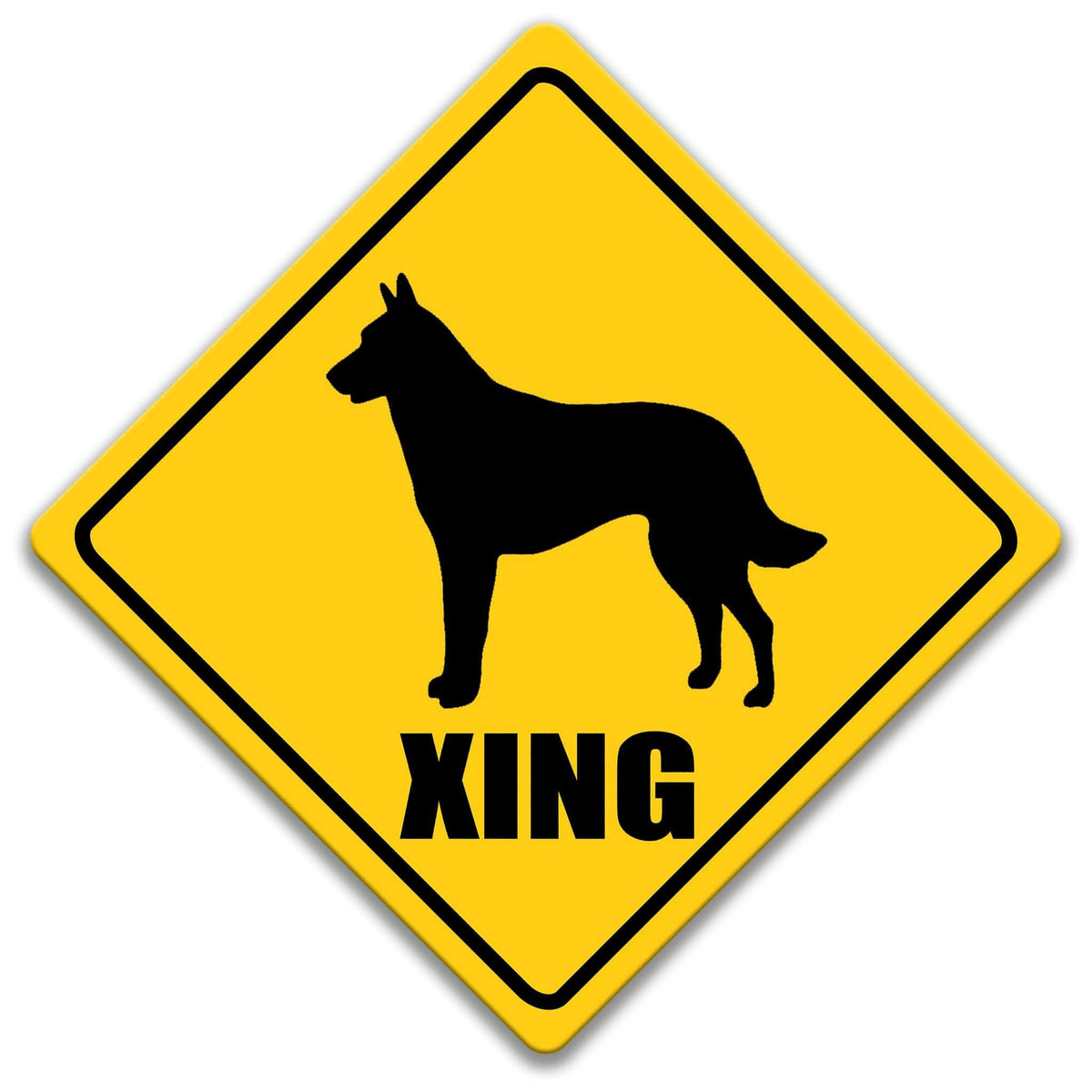 A yellow diamond-shaped sign with a black silhouette of a dog and the word "XING" below it.