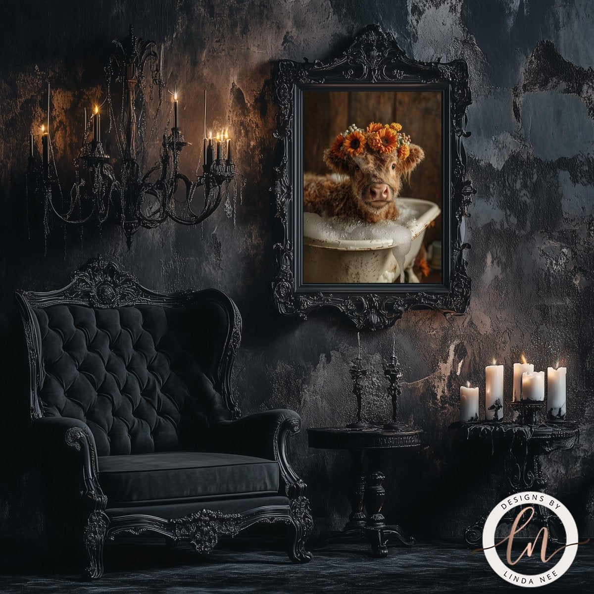 a dark, ornate room with a black chair, a chandelier, and a framed picture of a cow with flowers on its head.