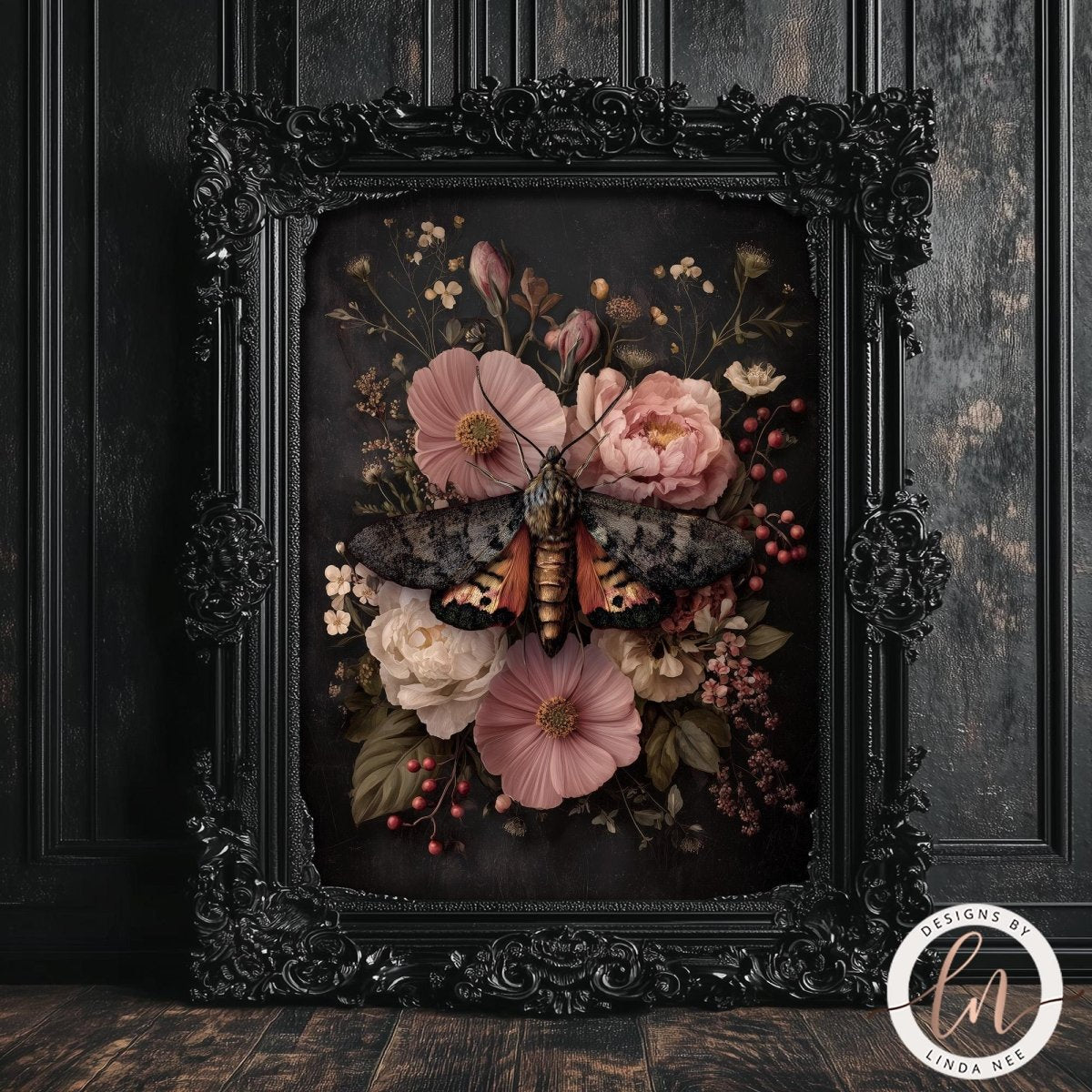a black ornate frame containing a detailed painting of a butterfly surrounded by a vibrant floral arrangement.