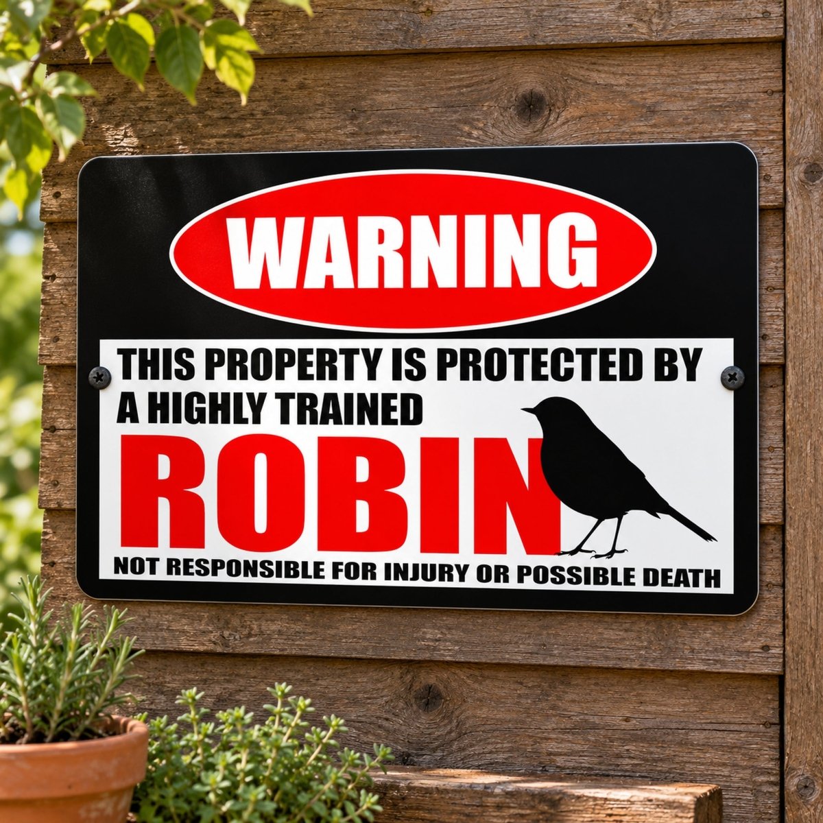 Highly trained robin metal warning sign with the line not responsible for injury or possible death