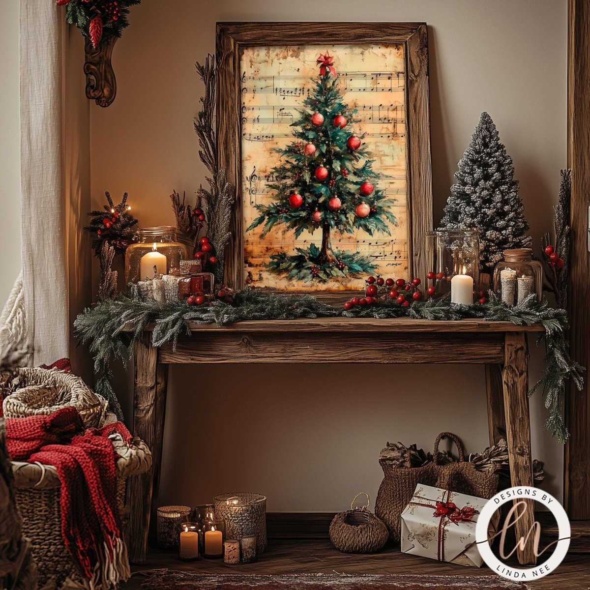 Vintage music Christmas artwork displayed with ornaments, candles and garland