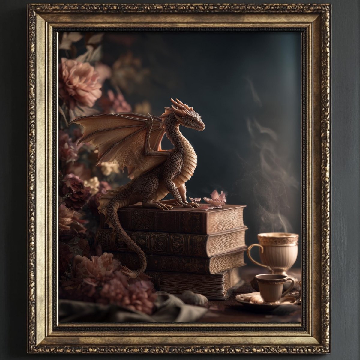 A framed image depicting a dragon perched on a stack of books, with a cup of tea nearby, set against a backdrop of pink flowers.