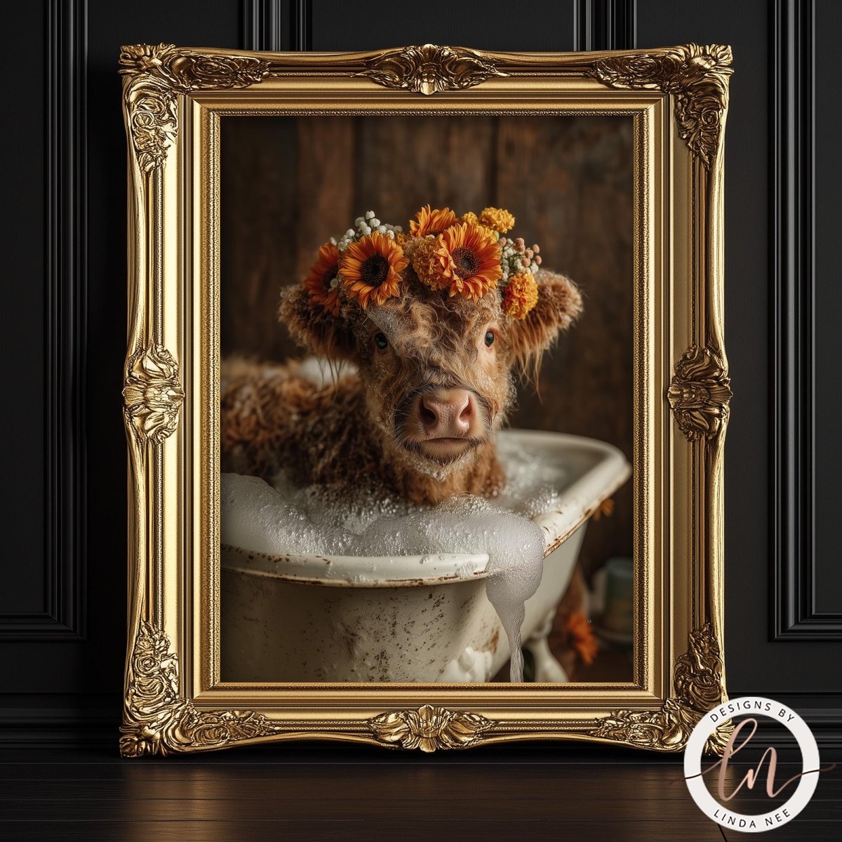 A cow wearing a flower crown is sitting in a white bathtub, surrounded by a decorative gold frame.