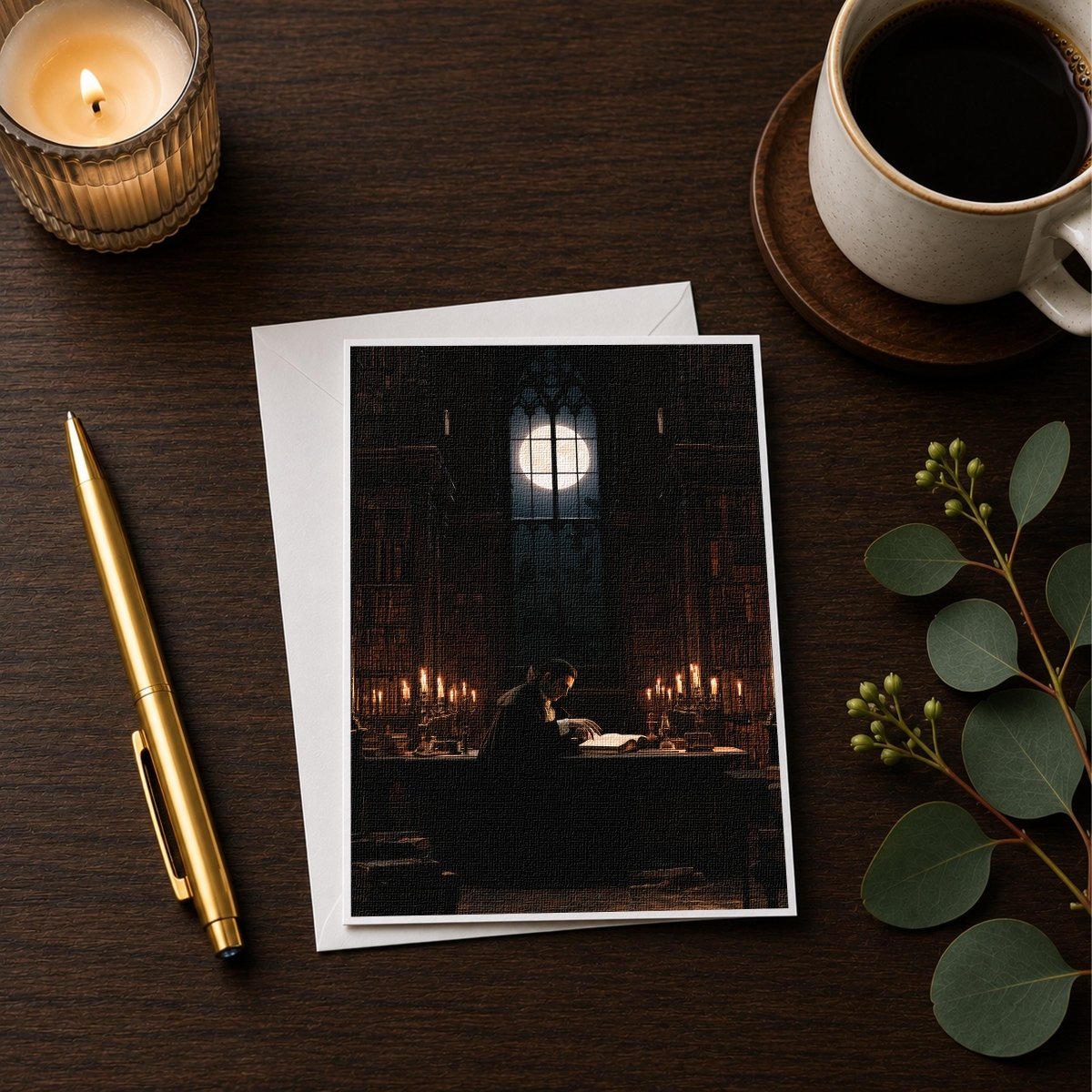 Dracula reading Halloween note card styled with a candle, pen, and coffee cup on a wooden desk